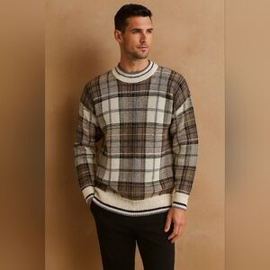 Norm Thompson Men's Plaid Crewneck Cotton Sweater Brown, Cream, and Blue NWOT